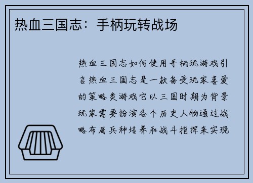 热血三国志：手柄玩转战场